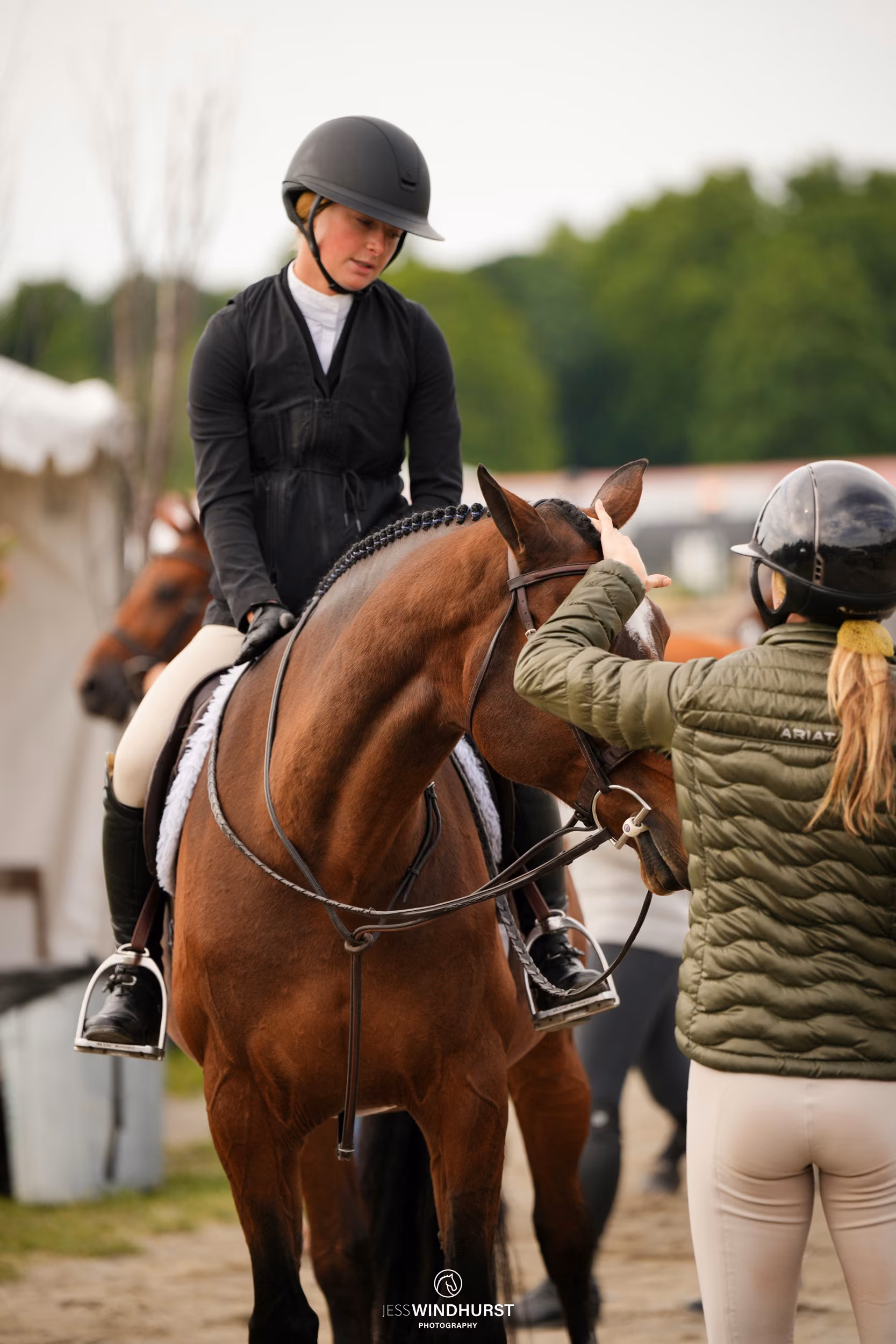 A rider and bay horse sharing a quiet moment with a person ringside